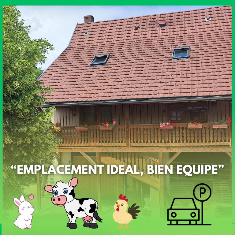 a cartoon picture of a house with a cow and chickens at Insolit'appart à la ferme in Horbourg