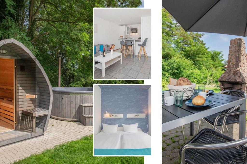 a collage of pictures of a backyard with a gazebo at Ferienanlage Bansin Seepferdchen 5 in Bansin