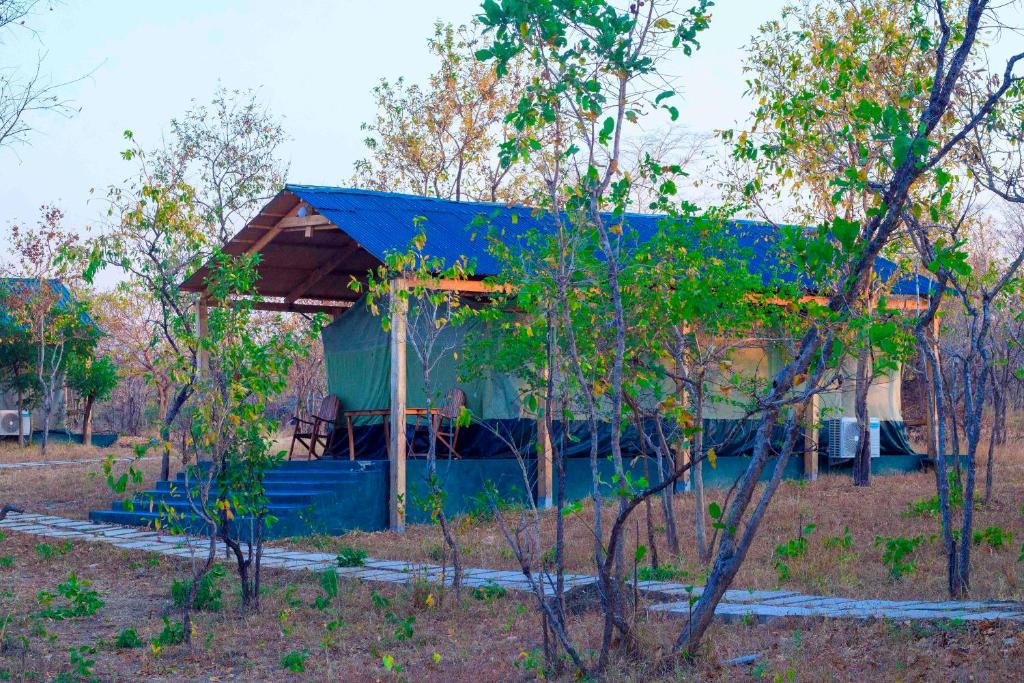 a blue building in the middle of trees at Daga Tented Camp in Mikumi