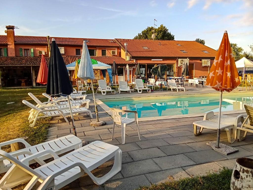 Un grupo de sillas y sombrillas junto a una piscina en Ecogarden camping with rooms, en Zelarino