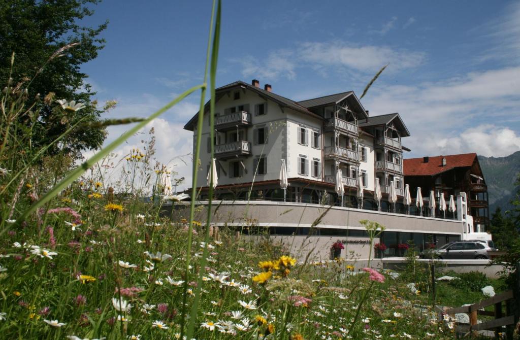 The Alpina Mountain Resort في تشيرتشين: منزل على قارب في حقل من الزهور