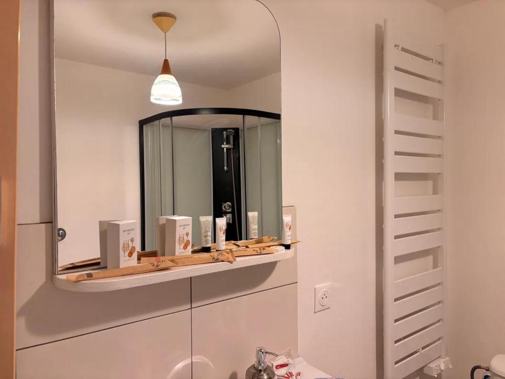 a bathroom with a mirror and a sink at Appartement tout confort à Begnécourt Vosges endroit calme idéal famille in Begnécourt