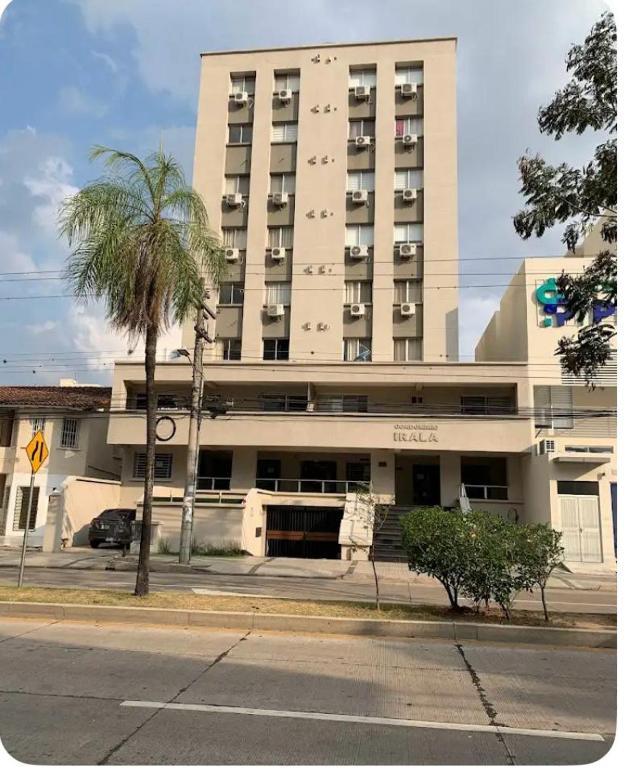 a large building with a palm tree in front of it at Condominio Irala in Santa Cruz de la Sierra
