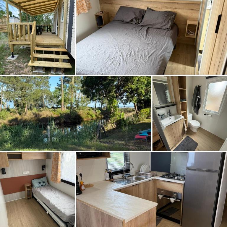 a collage of pictures of a tiny house at Mobilhome Cap'Oceha SIBLU-Les Viviers 4étoiles in Lège-Cap-Ferret