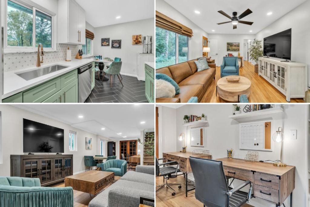 a collage of photos of a kitchen and a living room at Serene Suburban Oasis 2 Saunas, Office, Parking in Ann Arbor
