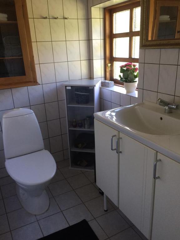 y baño con aseo y lavamanos. en Øster Mogensbæk #4, en Sindal