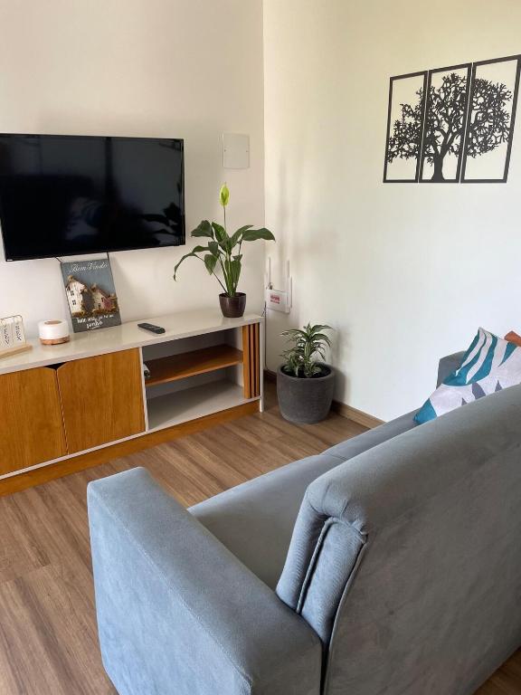 a living room with a couch and a flat screen tv at Apartamento Pelotas in Pelotas