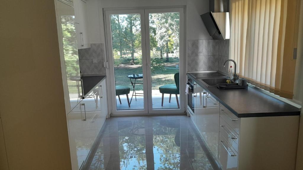 a kitchen with a sink and a sliding glass door at Apartman Vista Park in Brčko