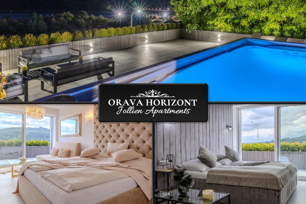 a pool with two beds and a sign that reads omega horizon junior apartment at Orava Horizont - Jollien Apartments in Námestovo