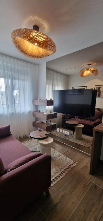 un soggiorno con divano e grande TV di Stan na dan "Aparté" Brčko a Brčko