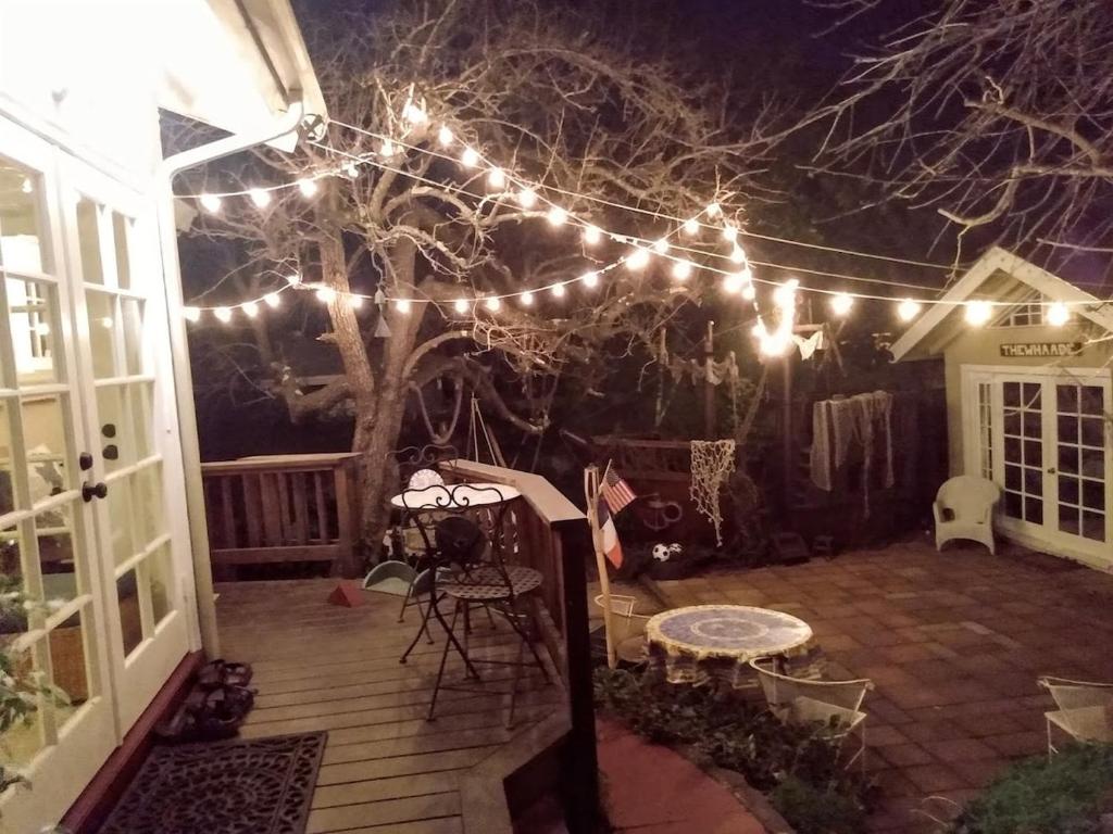 オークランドにあるSummer-house OASIS on quiet street in ROCKRIDGEのライトが付いた木のあるパティオ