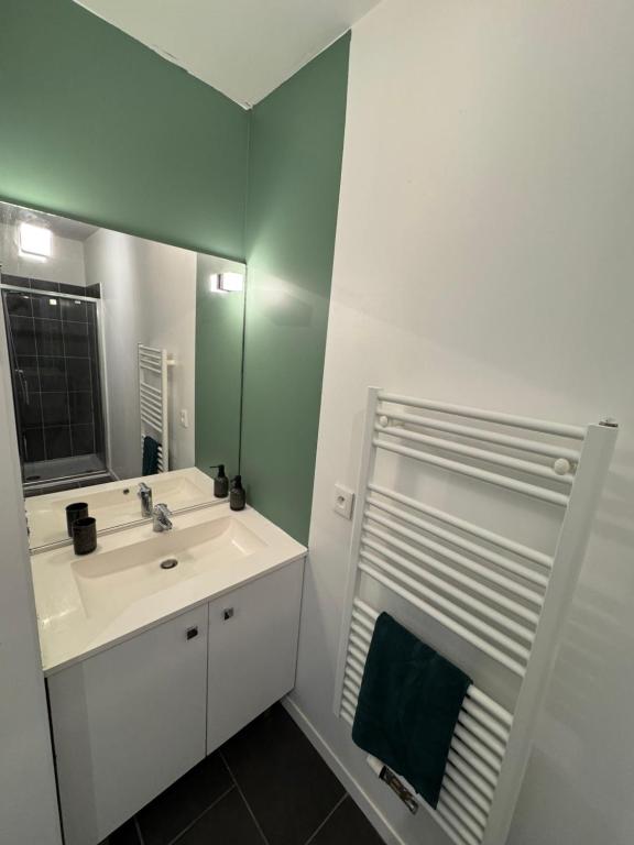 un baño con lavabo y espejo en Modern garden apartment, en Labenne