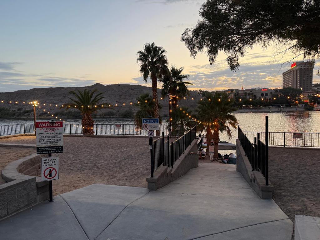 a beach with palm trees and a sidewalk next to the water at Cozy river front lookout in Bullhead City