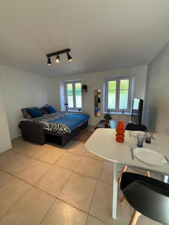 a living room with a bed and a table at Studio du Lion - Proche vieille ville in Belfort