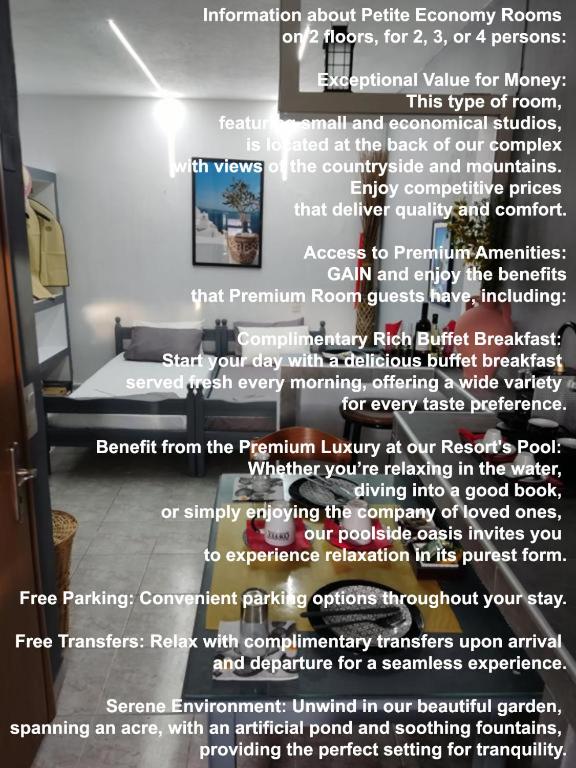 a poster for a room with a bed and information about prairie occupancy at Petite Economy Lodge in Skiathos