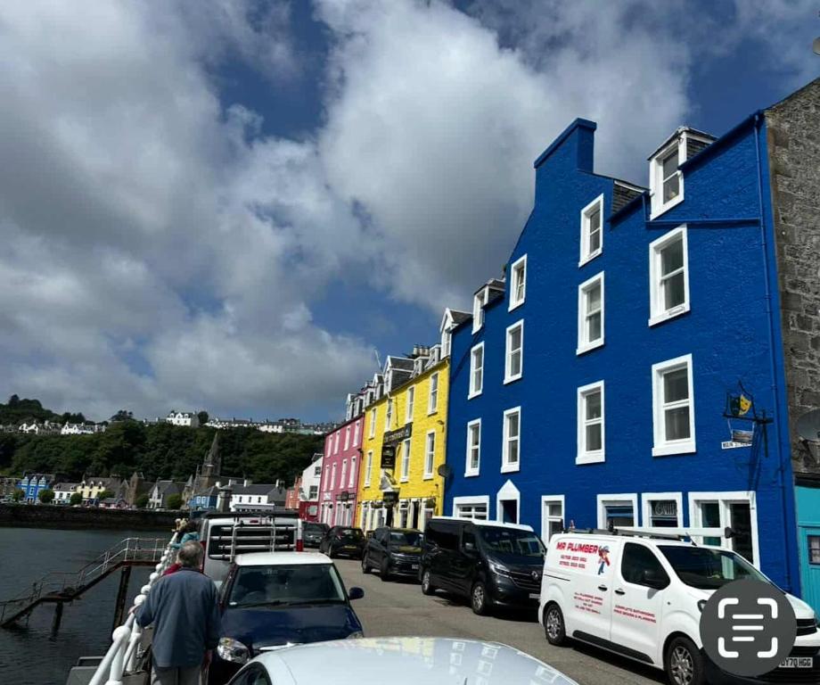 a row of colorful buildings on a street with cars at The Lookout in Tobermory