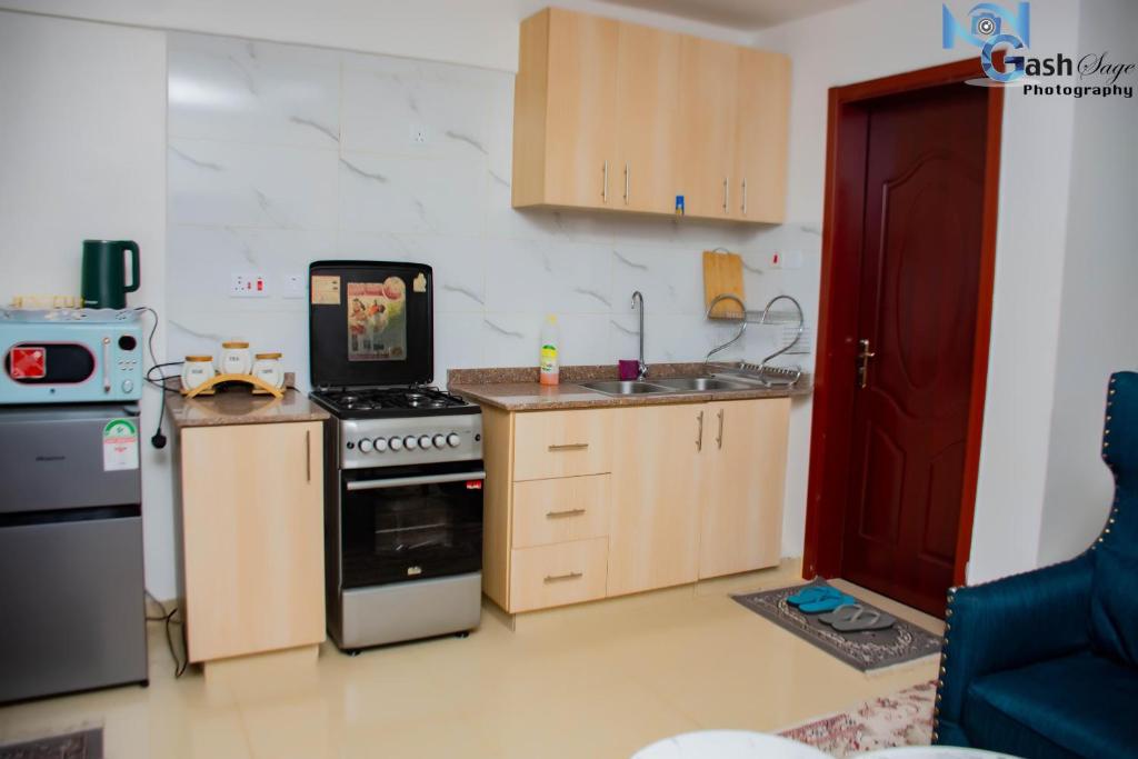 een kleine keuken met een fornuis en een spoelbak bij Haven 254 Stade view Suites in Nairobi