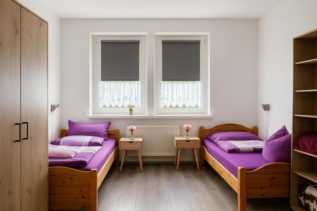 two beds in a room with purple pillows and windows at Gästewohnung Rose in Leuna