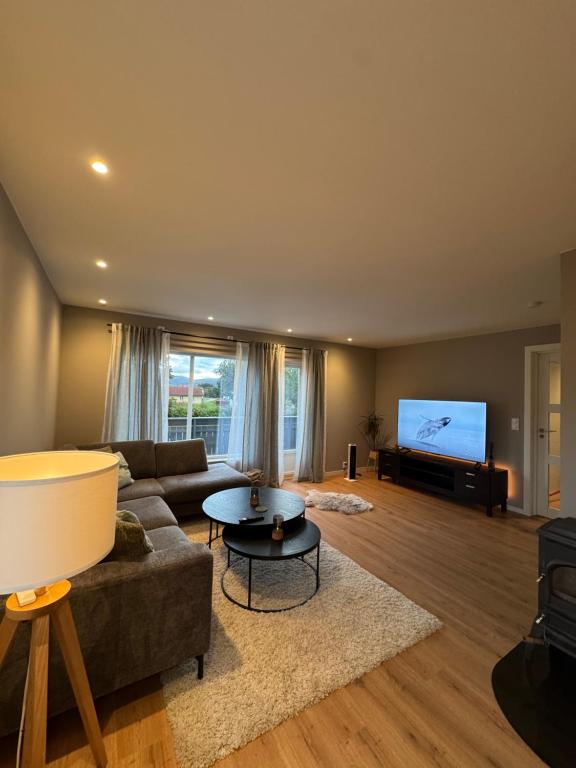 a living room with a couch and a flat screen tv at Lofoten-City Center-New apartment-Near the airport in Leknes