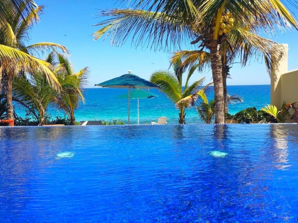 a swimming pool with palm trees and the ocean at Punta Mita Litibu Beachfront Studios Mar-3 in Punta Mita