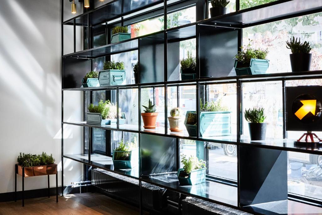 a shelf filled with potted plants in a room at Generator Stockholm in Stockholm