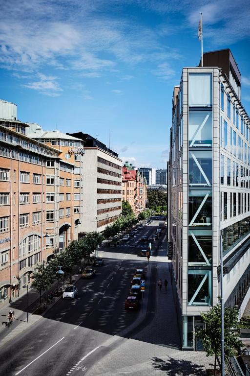 a view of a city street with a tall building at Generator Stockholm in Stockholm