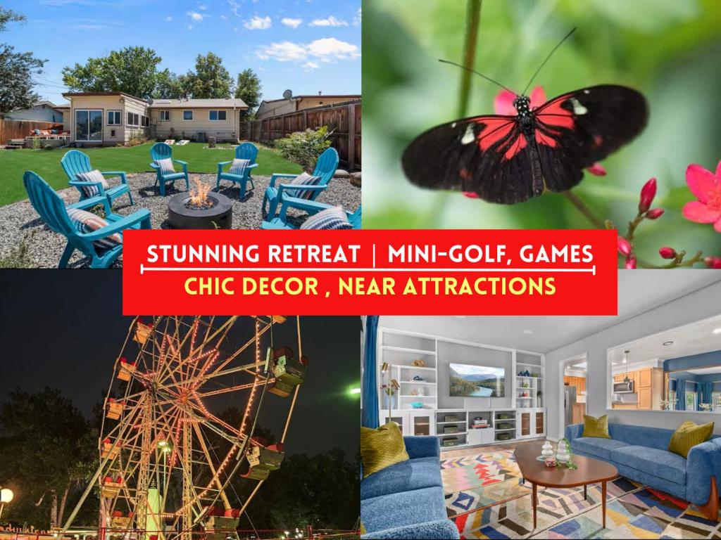 a collage of photos with a butterfly and a house at Coffee Themed - Cozy Family Getaway - Sleeps 12 - Mini Golf BBQ Yard in Westminster