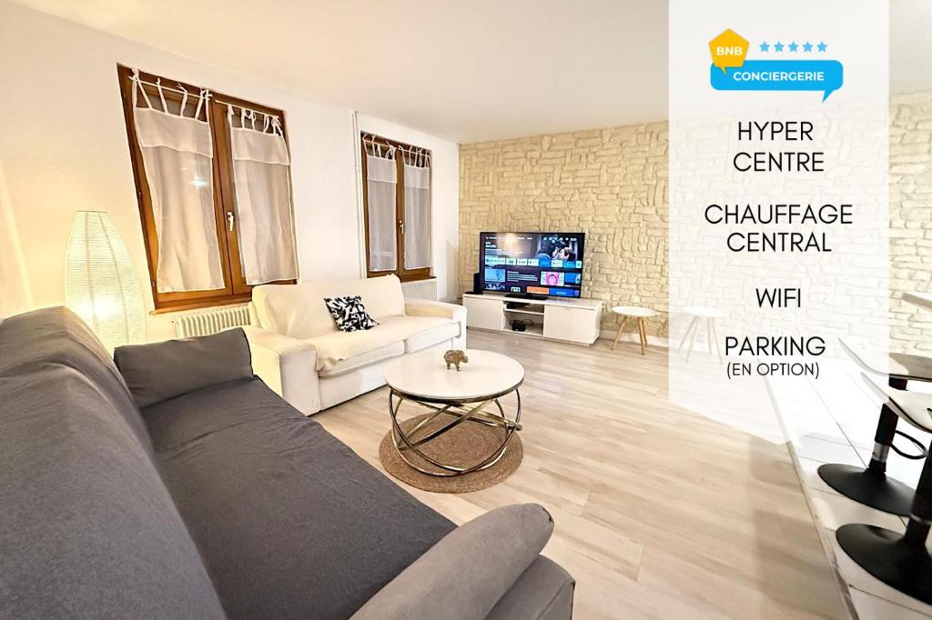 un soggiorno con un divano e una TV di Le Repaire du Lion - Quadruplex - 10 voyageurs a Belfort