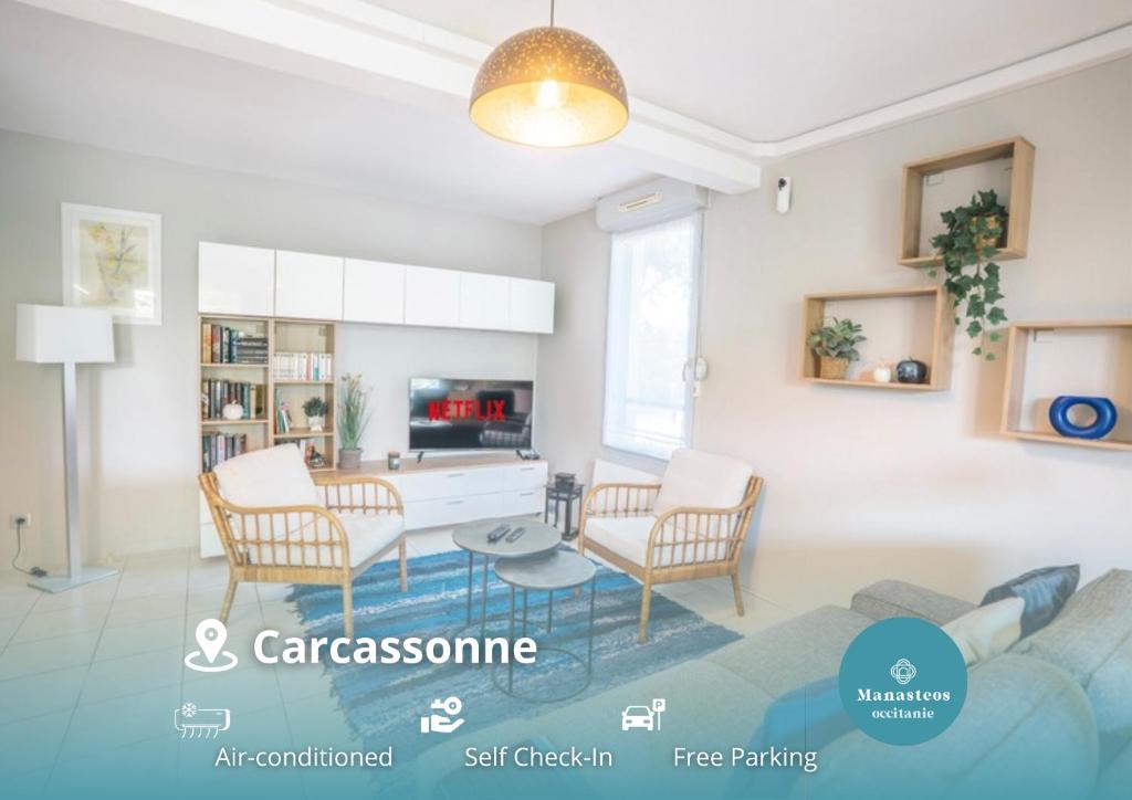 Et opholdsområde på Parking Sécurisé -Climatisé-Piscine-Terrasse-AM