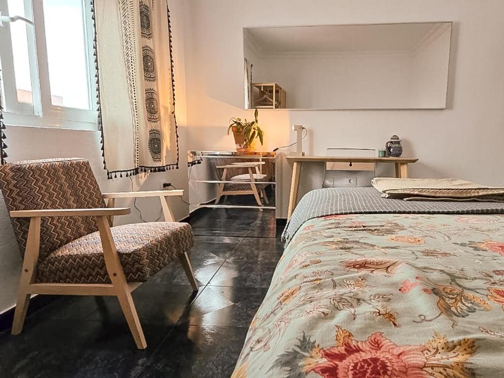 ein Schlafzimmer mit einem Bett, einem Schreibtisch und einem Stuhl in der Unterkunft Perro y Osito Coliving - San Andrés in San Andrés