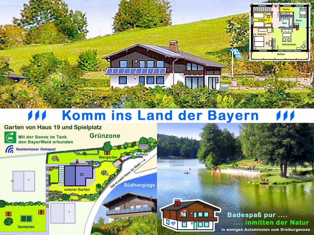 un collage di due foto di una casa di BayerischerWald-Ferien-Blockhaus-Panoramablick-Grafenau Haus im Wald-Vogelthenne 19, fast Alleinlage-ILZtal-Blick nähe Rothauer, Saldenburger, Ebenreuther und Eginger See im Dreiburgenland, unweit der Stadt PASSAU an der Donau Inn und ILZ a Grafenau