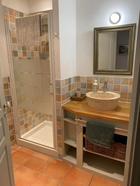 CatusにあるMas de Brugetの洗面台とシャワー付きのバスルーム