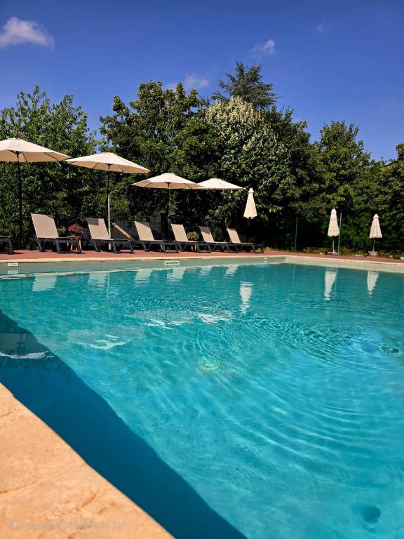 a large swimming pool with chairs and umbrellas at Domaine Aigoual Cevennes in Meyrueis