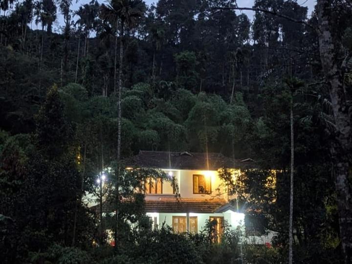 a house with its lights on in the forest at night at Lush Lagoon Homestay in Ambalavayal