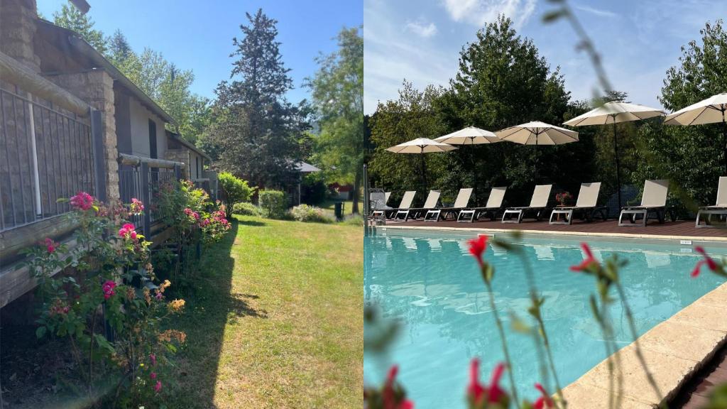 two pictures of a swimming pool with chairs and umbrellas at Domaine Aigoual Cevennes in Meyrueis