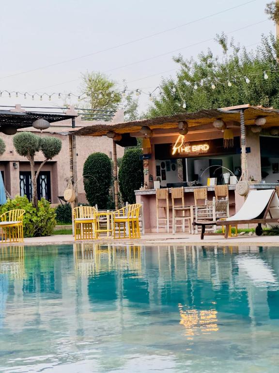 a pool with chairs and a bar in the background at The BIRD in Marrakesh