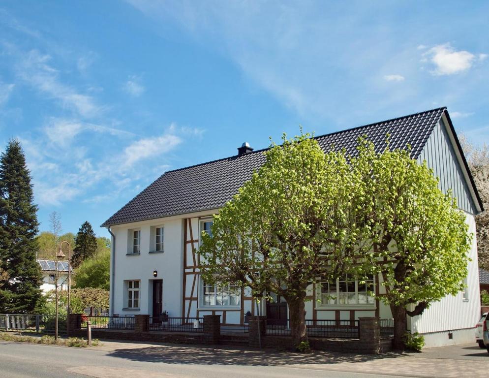 a white house with a tree in front of it at Kleines Landhaus von 1870 in Ruppichteroth