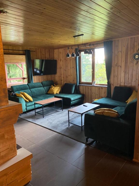 ein Wohnzimmer mit zwei Sofas und einem Fernseher in der Unterkunft Leśny Zakątek in Augustów