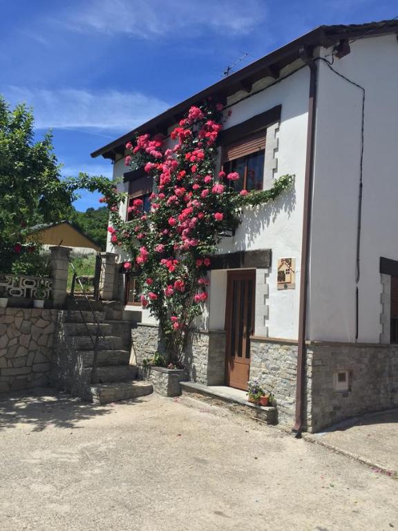 een gebouw met roze bloemen aan de zijkant bij Casa Rural Fuentesil in Robles de Laciana