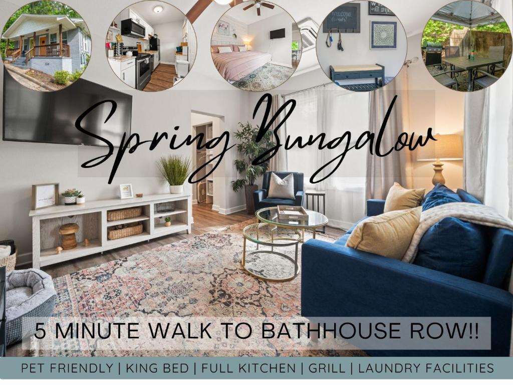 sala de estar con sofá azul y espejos en Spring Bungalow - A cozy getaway in downtown Hot Springs!, en Hot Springs