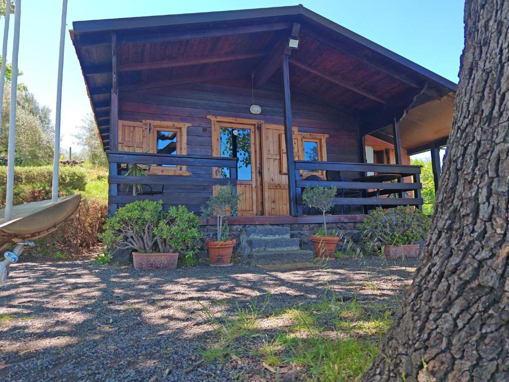 a log cabin with a porch and a tree at Agriturismo Kikajon in Linguaglossa