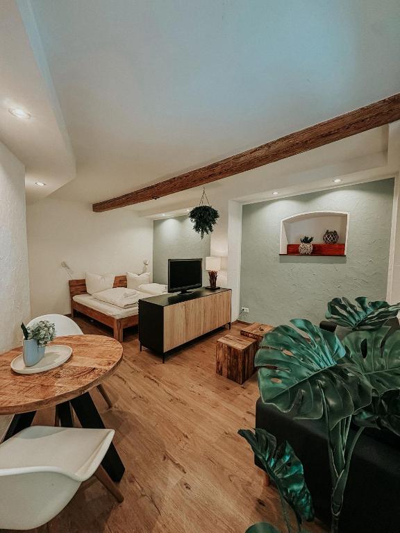 a living room with a couch and a table at Wohnen in der Altstadt - Wohnungen und Studio in Gundelsheim