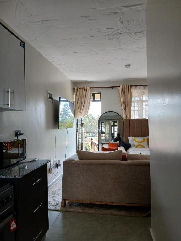 a bedroom with a couch and a bed in a room at A cozy spacious studio apartment with a balcony in Nairobi