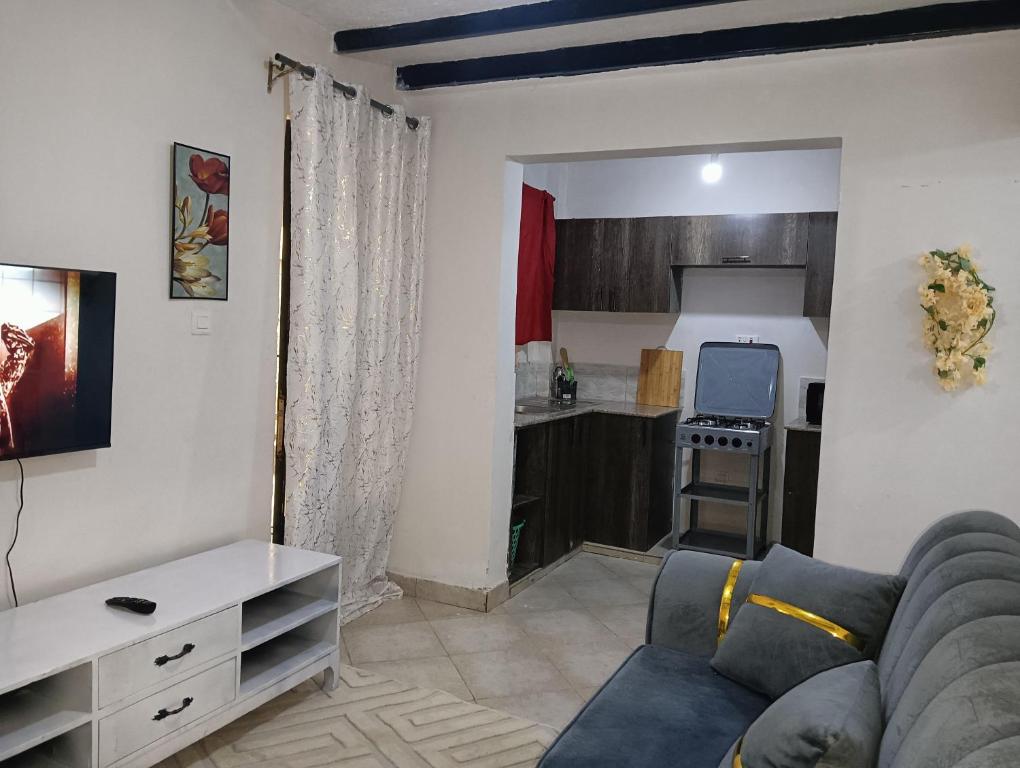 een woonkamer met een bank en een keuken bij Cozy Homes Kitengela in Nairobi