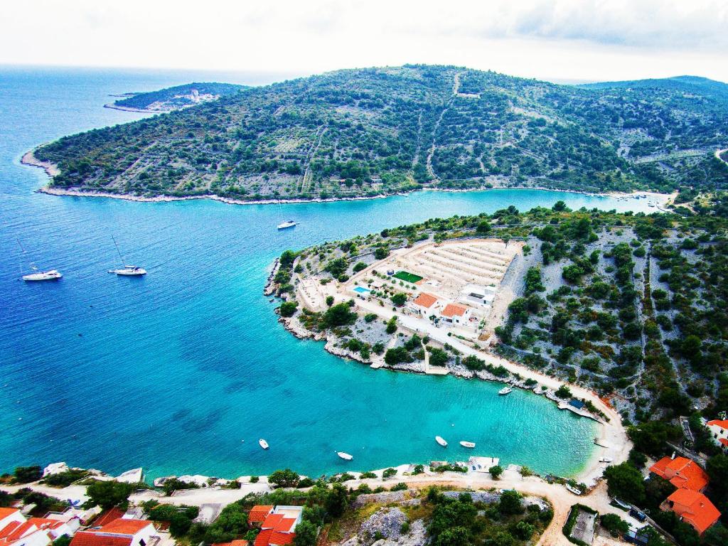 an aerial view of an island with boats in the water at Villa Hera Sevid in Sevid