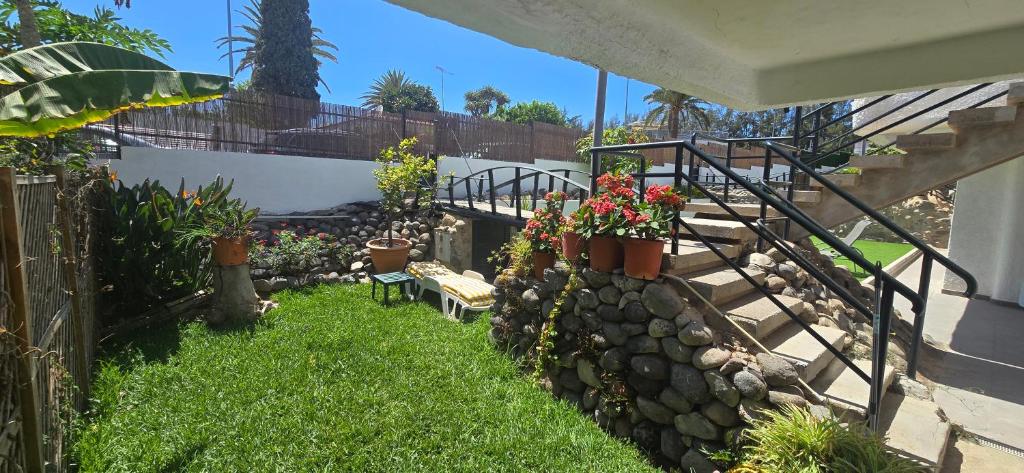 Un jardín con plantas en macetas y una valla. en Casa Playa San Agustin, en San Agustín
