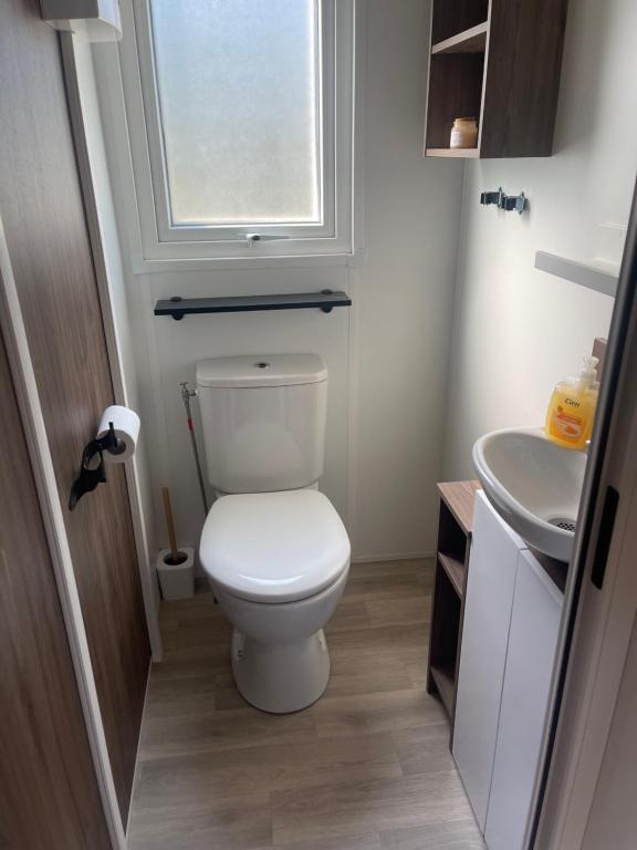 a small bathroom with a toilet and a sink at Magnifique Mobil home avec vue in Lège-Cap-Ferret