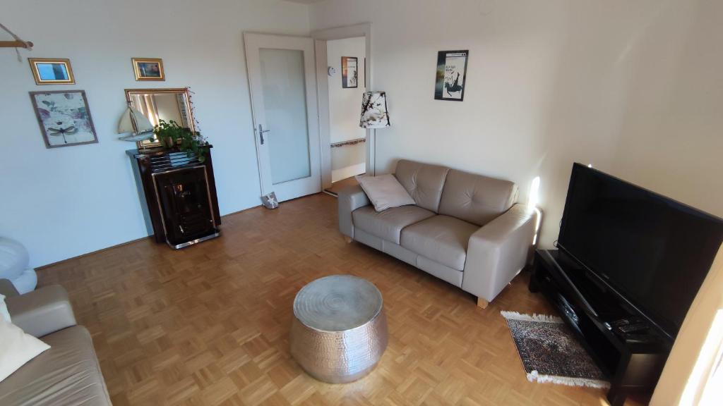 a living room with a couch and a flat screen tv at Entspannt und verkehrsgünstig in Bregenz in Bregenz