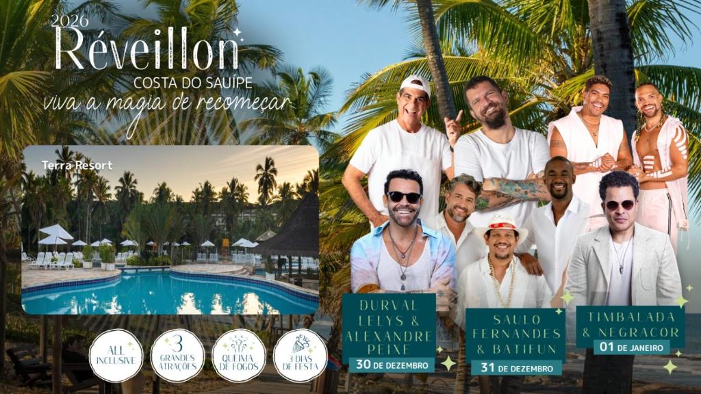 Un collage de fotos de personas frente a una piscina. en Sauipe Terra Resort - All Inclusive, en Costa do Sauipe