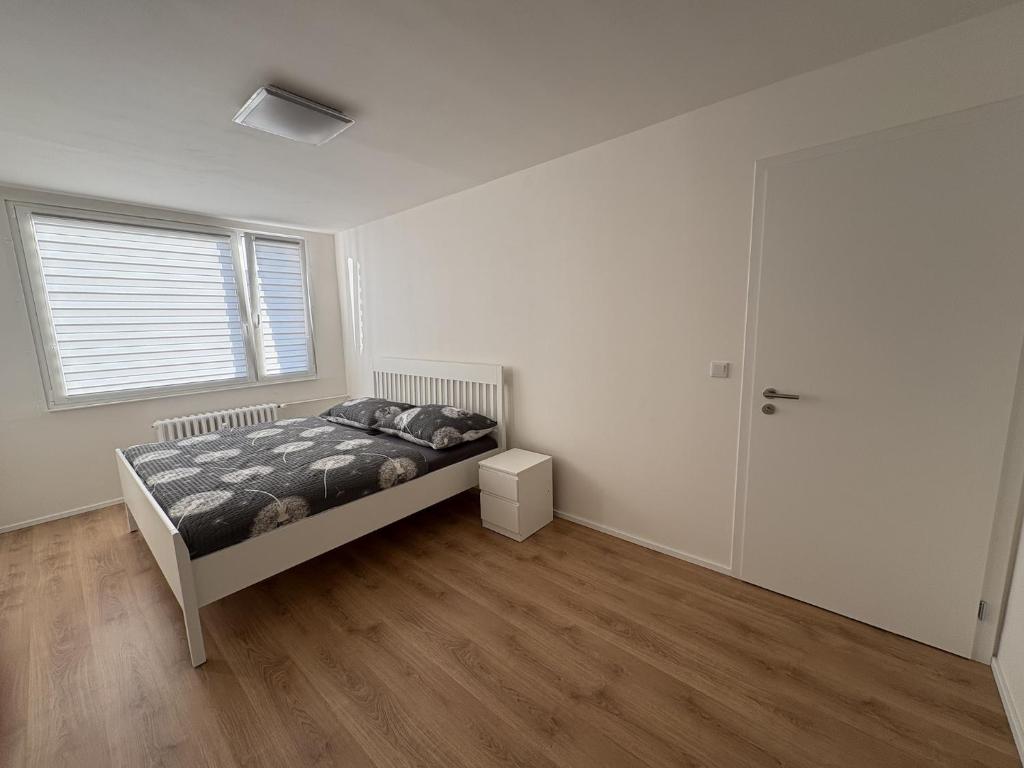 um quarto com uma cama, uma janela e uma porta em Čenětická Apartment em Praga